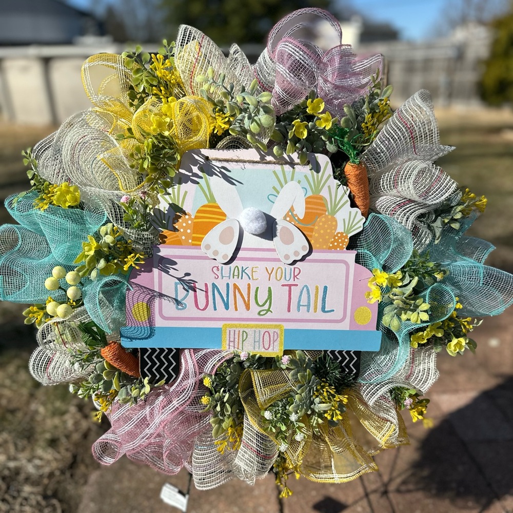 Colorful Easter Wreath with Bunny Tail Sign